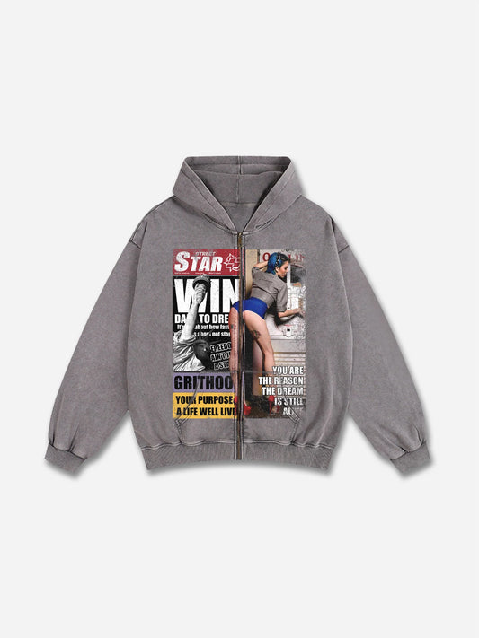 GREY GRAPHIC STAR WIN ZIP-UP ACID WASHED HOODIE