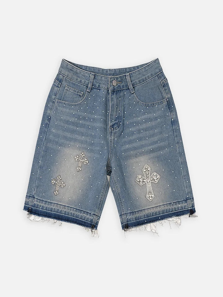 BLUE JEAN RHINESTONE DESIGNED JORTS