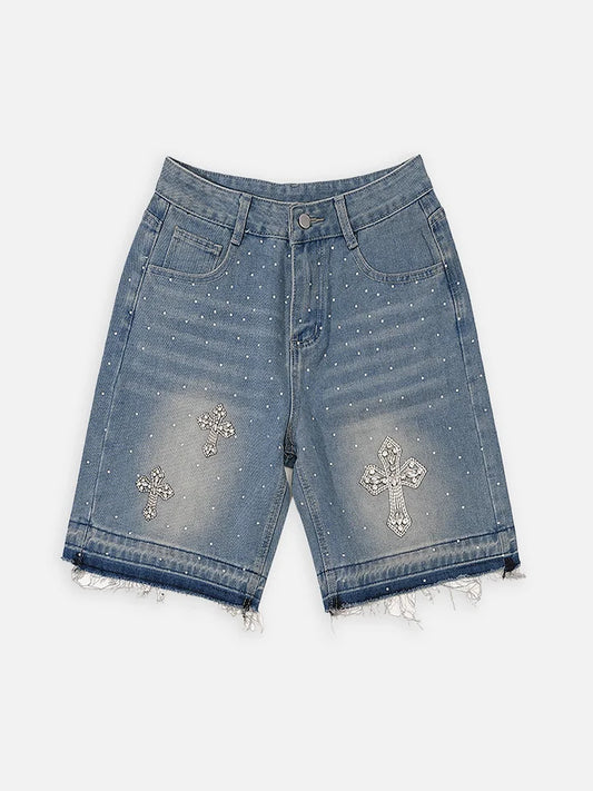 BLUE JEAN RHINESTONE DESIGNED JORTS