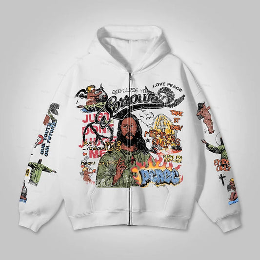 WHITE GRAPHIC 100% COTTON GRAPHIC DESIGN ZIP-UP